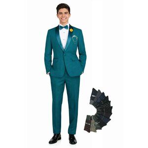 Men’s Slim-Fit Stretch Tuxedo—Bow Tie, Built‑In Pocket Square & Socks–Teal